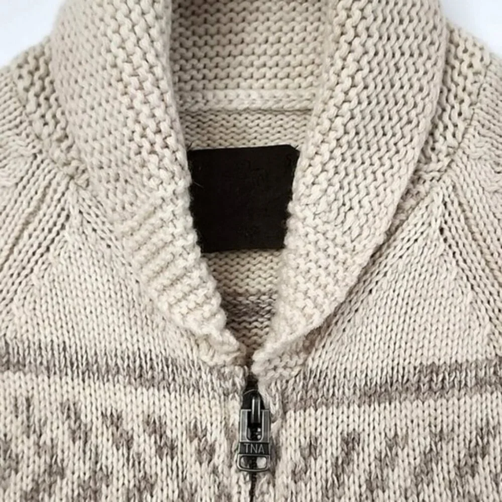 TNA Women's Knit Cream Taupe Lambs Wool Cowichan Zip Up Cardigan Pockets Size S - Picture 3 of 15